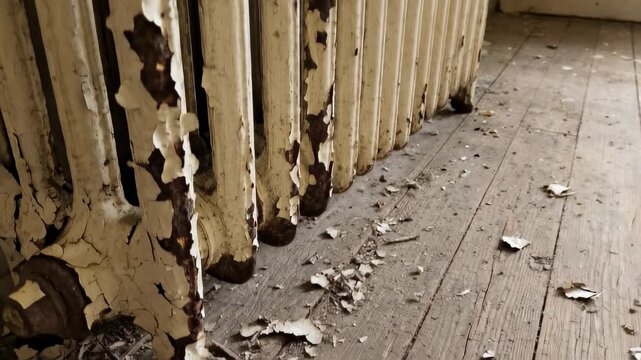 Old radiator shows significant wear with peeling paint and rust in abandoned room. Wood floor adds to worn aesthetic. Concept of renovation, restoration, vintage decor