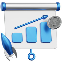 3D Rendered Presentation Board with Growth Chart, Rocket and Coin Illustration
