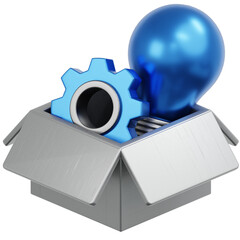3D Render Shiny Gear and Bulb Inside Open Box Concept