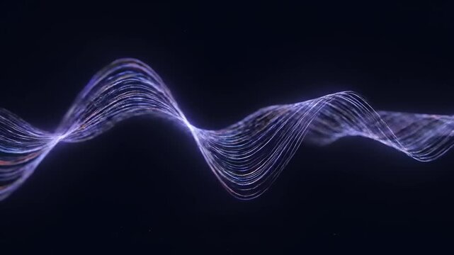 Mesmerizing abstract wave pattern of glowing particles, illustrating a futuristic data visualization or dynamic energy flow across a dark digital canvas
