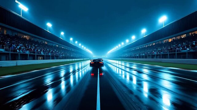 Race track at night with wet surface