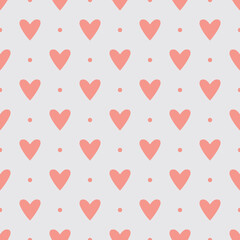 Tile vector pattern with pink hearts and polka dots on pastel grey background
