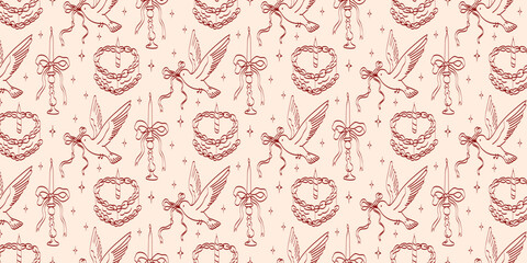 Hand-drawn coquette wedding pattern. Vintage ribbons and bows in crayon sketch style. Seamless, romantic background for Valentine's Day and invitations.