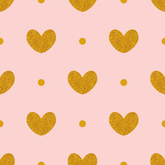 Tile vector pattern with golden hearts and polka dots on pastel pink background