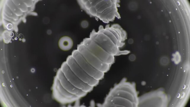 Close-up group of isopods in a petri dish, science exploration