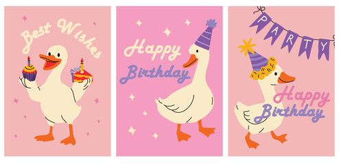 Adorable duck celebrating with birthday cake and party hat