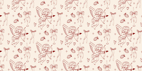 Hand-drawn coquette wedding pattern. Vintage ribbons and bows in crayon sketch style. Seamless, romantic background for Valentine's Day and invitations.