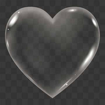 Heart Transparent for Valentines day.Wedding invitation 3d Crystal clear glass heart shape.Vecor Icon love symbol,Fluid gradient hart soap bubble for Beauty product,moisture