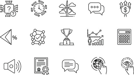 Business strategy analytics line icons set growth performance communication finance innovation outline vector illustration collection