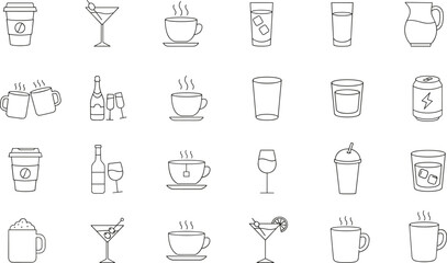 Drink beverage line icons set featuring coffee tea cocktail wine beer soda water cups glasses pitchers