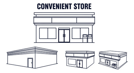 Convenient Store Building Architecture, Front and Side Views Illustration