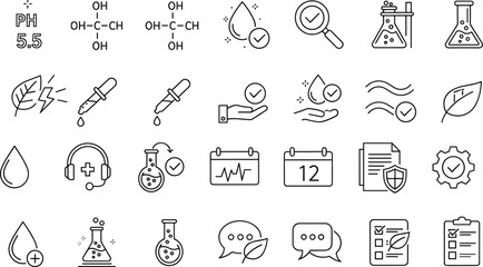 Skincare cosmetic chemistry line icons set laboratory testing quality control safety natural formula outline vector illustration collection design