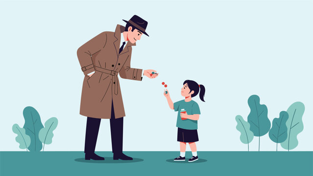 Man in a trench coat acting as a stranger offering candy to a little girl, illustrating the concept of stranger danger.
