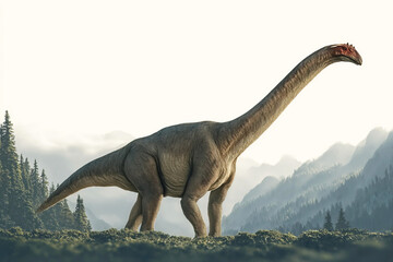 Obraz premium Vulcanodon dinosaur in a prehistoric landscape with forests and mountains