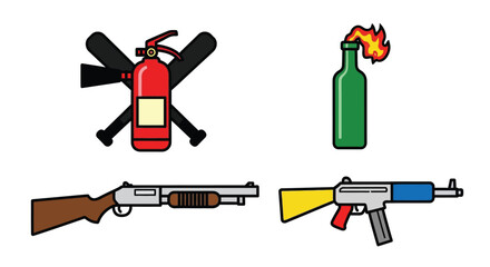 Cartoon Firearm and Safety Icons with Fire Extinguisher and Molotov Cocktail