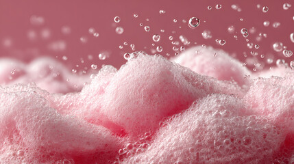 Fototapeta premium Close-up of vibrant pink foam with water droplets splashing above, creating a bubbly and frothy texture.