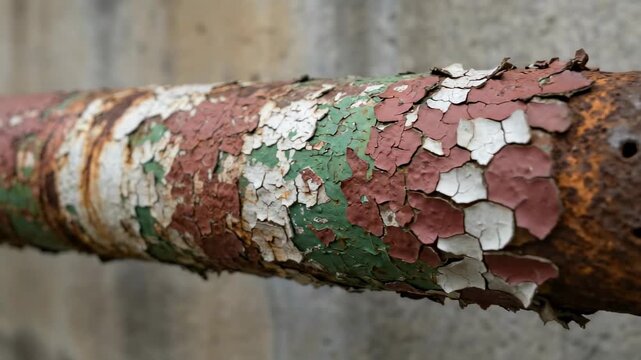 Close-up view of metal pipe displaying layers of peeling paint and rust. Setting highlights texture of aging surfaces. Concept of industrial design, renovation, construction