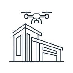 A minimalist line art illustration of a drone performing a task above a commercial building isolated on white background, Vector, illustration