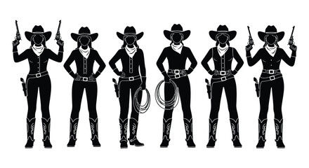 Six Silhouette Cowgirls Posing with Guns and Lasso in Black