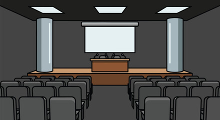 Empty Conference Room with Projector Screen and Stage