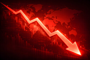 Red arrow pointing down on a dark background with world map and financial charts, symbolizing economic decline.