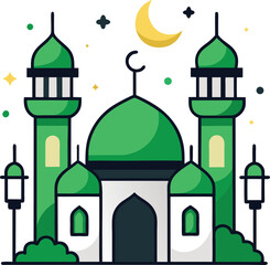 A beautiful cartoon illustration of a mosque at night with a crescent moon