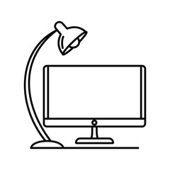 A minimalistic black line art drawing depicting a computer monitor and an adjustable desk lamp isolated on white background, Vector, illustration