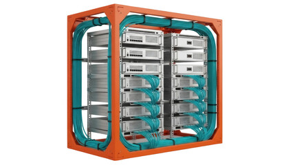 Isolated server room with equipment, wires, and servers for telecommunications and data centers