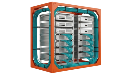 Isolated server room with equipment, wires, and servers for telecommunications and data centers
