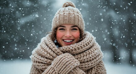 Joyful woman smiling in winter snowstorm. Portrait of happy young person wearing cozy beige knit hat and scarf in cold weather