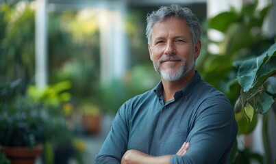 Portrait of a businessman, CEO, manager, or designer specializing in sustainable architecture. A professional figure emphasizing leadership in environmentally conscious design, Generative AI