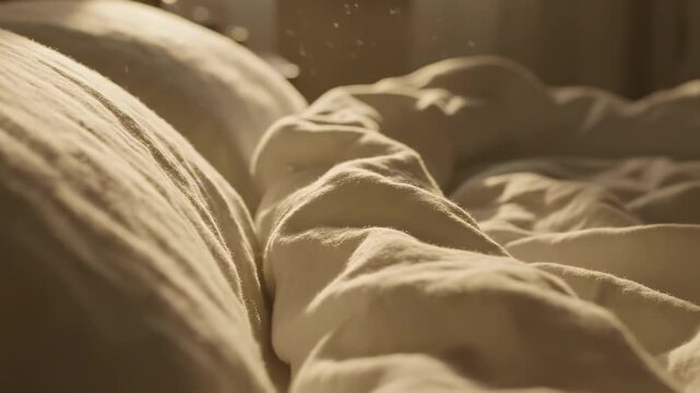 Light filters through curtains illuminating messy bed sheets in cozy bedroom. Soft fabric and warm tones set a calm mood. Concept of home decor, interior design, wellness