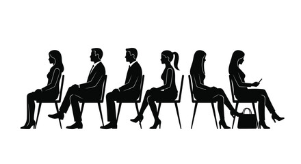 Business People Sitting in a Row, Waiting, Silhouette Illustration