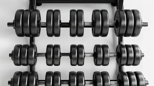 Organized set of adjustable dumbbells on a gym rack.