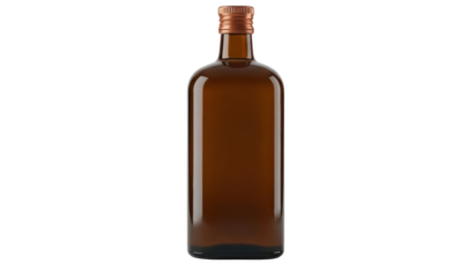 Isolated spirit bottle with copper cap, brown glass container for alcohol and liqueur