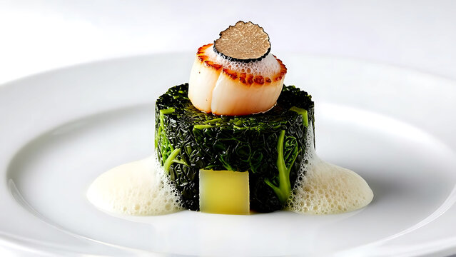 Haute cuisine. Italian sformatino di cavolo nero (black cabbage flan), a perfect cylinder of steamed cabbage and potato, topped with a seared scallop and truffle foam 