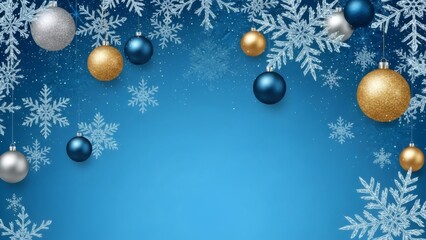 Festive Blue Background with Hanging Glitter Christmas Ornaments and Snowflakes