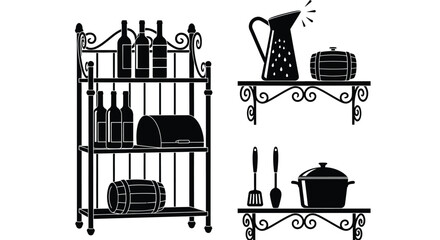 Black and White Kitchen Utensils and Shelves Illustration