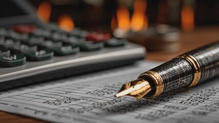 Financial Analysis: A close-up shot of a pen poised over financial documents with a calculator. This image speaks to accounting, bookkeeping, and economic insight. 