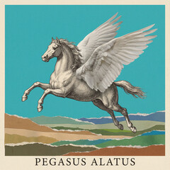 A vintage-style collage of Pegasus, the mythical winged horse. This retro artwork features the creature soaring over a torn paper landscape.