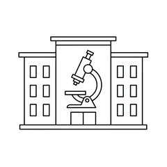 A line art drawing of a science laboratory building with a large microscope icon isolated on white background, Vector, illustration