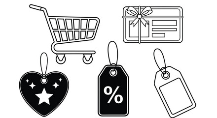 Shopping Icons Set: Cart, Gift Card, Tags, and Heart Ornament