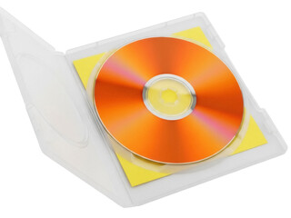 Isolated CD-ROM data disc in open clear plastic jewel case with yellow insert label insert