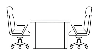Black and white line art illustration of two office chairs facing a table isolated on white background, Vector, illustration