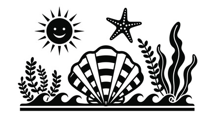 Black and White Beach Icon Set with Shell, Starfish, and Sun