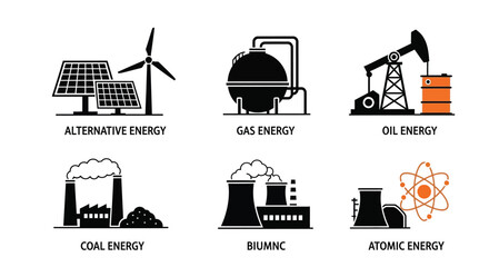 Energy Sources Icons Set, Alternative, Gas, Oil, Coal, Nuclear Power Symbols