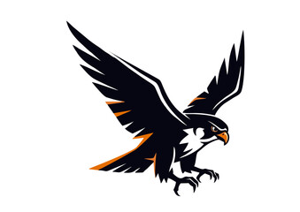 Obraz premium A black falcon with orange accents in its wings and tail, captured in mid-flight with its talons extended.