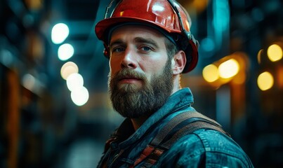 Low-angle portrait of a man working as an oil rig worker in an industrial plant at night. The image captures the determination, strength, and resilience of professionals working, Generative AI