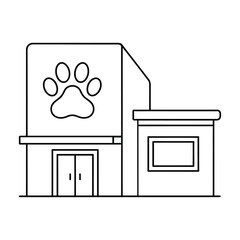 A simple line art drawing showing the exterior of a veterinarian office or pet care clinic isolated on white background, Vector, illustration