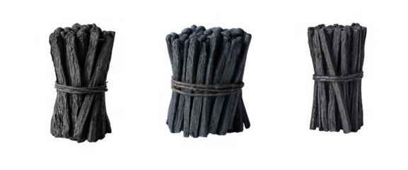 three bundles of dark gray branches tied with twine isolated and ready for design use on transparent background